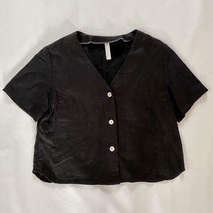 EUC NWR Black Short Sleeve Cropped Linen Top Small